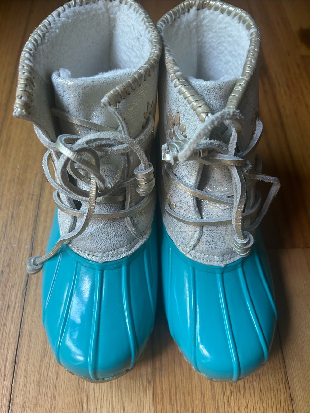 Jack Rogers Chloe Duck Boots 
 in Teal and Metalic Gold Flake